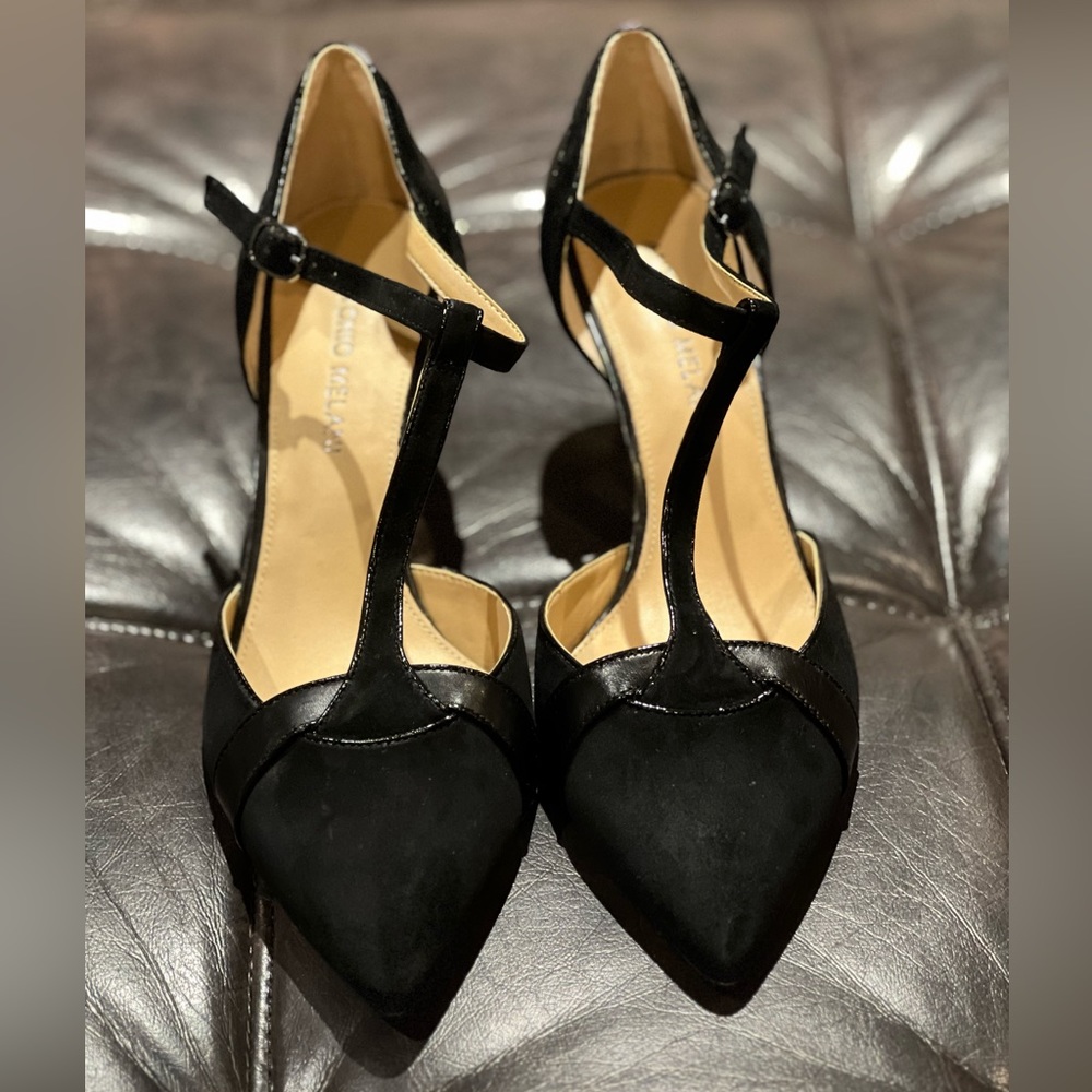Antonio Melani Black Suede & Leather T-strap Dress Pumps Size 8M